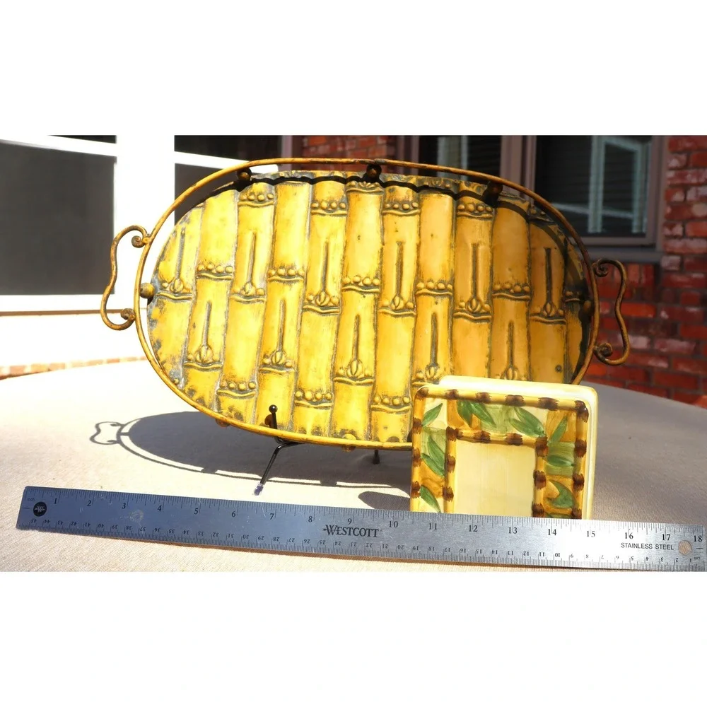 Vintage Bamboo Themed Tableware Metal Serving Tray and Ceramic Napkin Holder